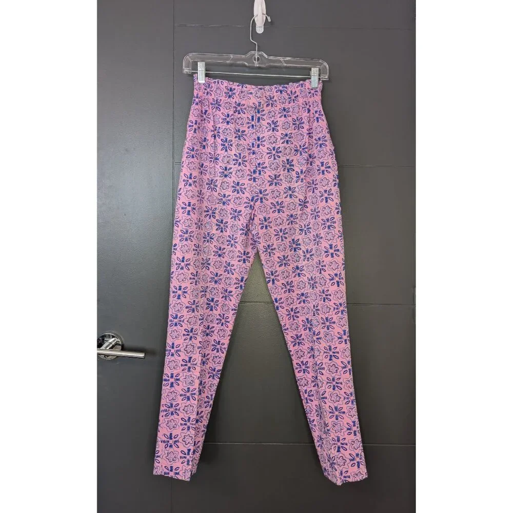 Vintage 80's Silver Unicorn Kid's High Waist Pink & Blue Floral Pull On Pants 10
